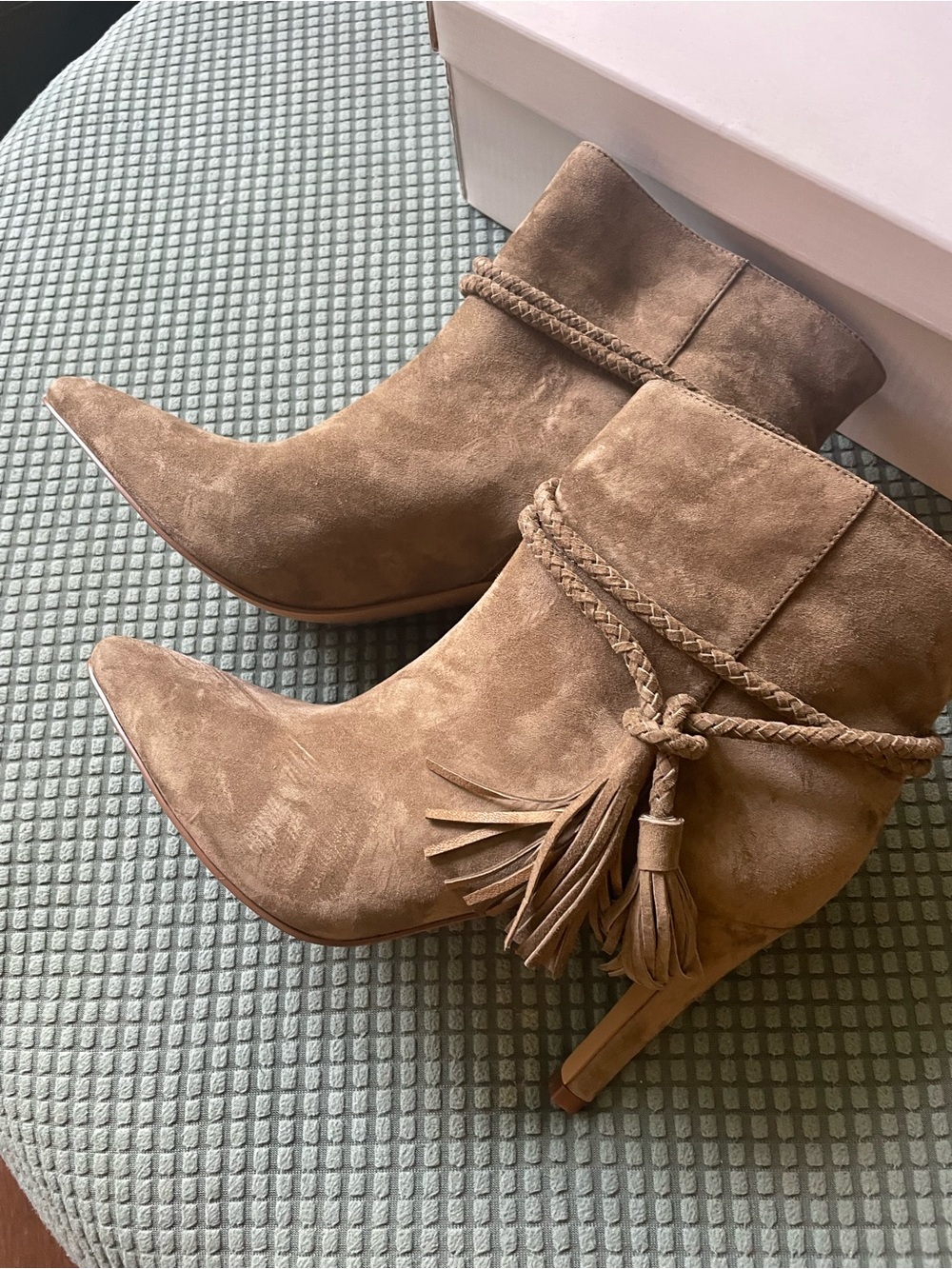 Rebecca Minkoff Tan Suede Tassel Ankle Booties